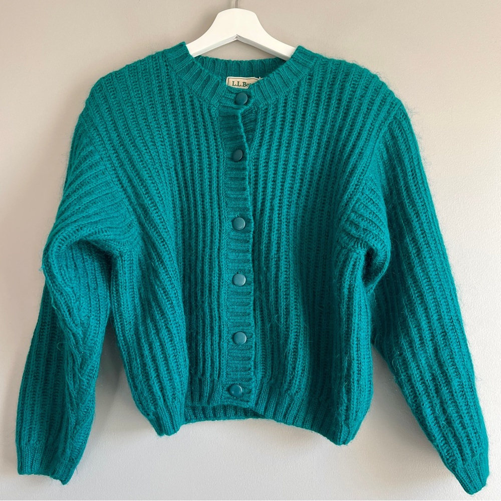 LL Bean vintage cardigan sweater women M green rib button cotton mohair wool